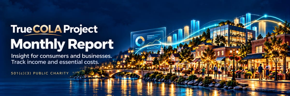 TrueCOLA Project, Monthly Report: insight for consumers and businesses; track income and essential costs. A lit riverside town with a stone bridge and shops beneath floating charts. 501(c)(3) public charity.