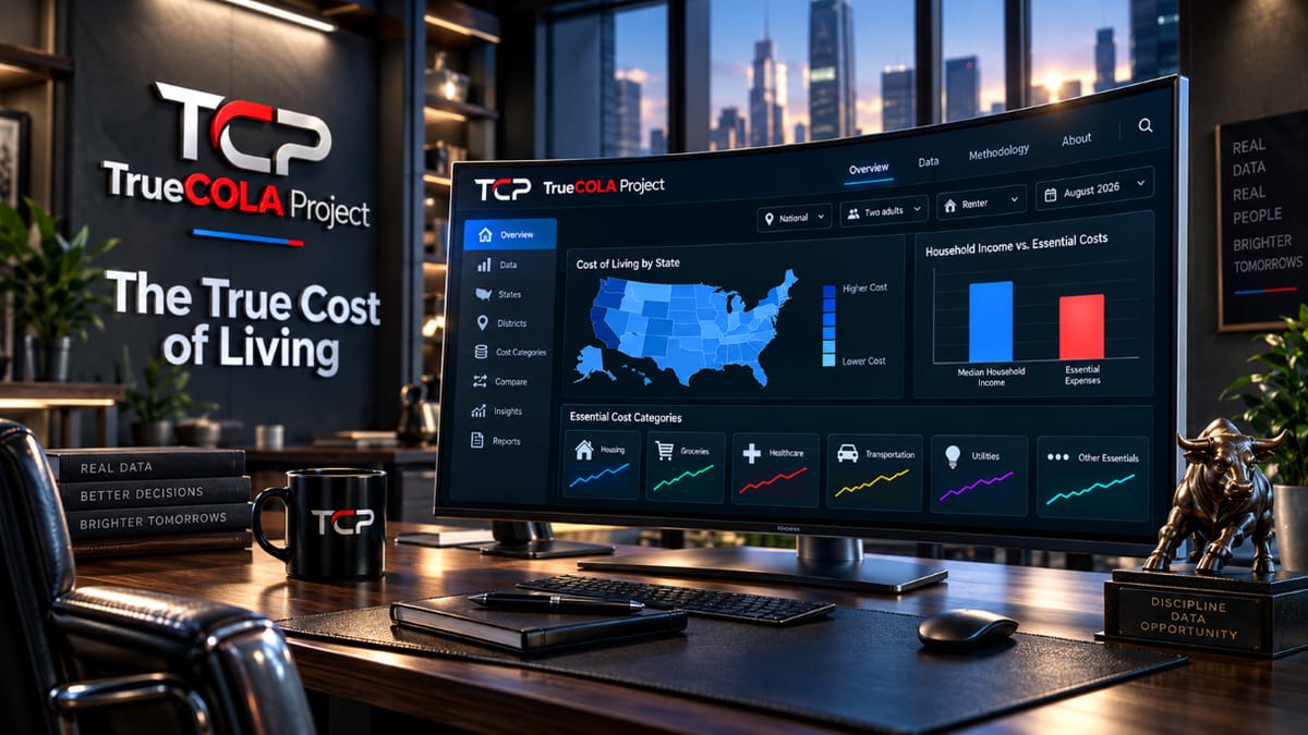 TrueCOLA Project, the true cost of living: a laptop showing cost of living by state, household income against essential costs, and essential cost categories, for 50 states, 435 districts, and more than 26,000 ZIP codes.