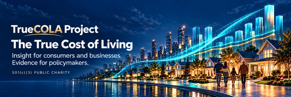 TrueCOLA Project, The True Cost of Living: insight for consumers and businesses, evidence for policymakers. A family walks a lit waterfront path past homes and a city skyline under rising glowing bars. 501(c)(3) public charity.